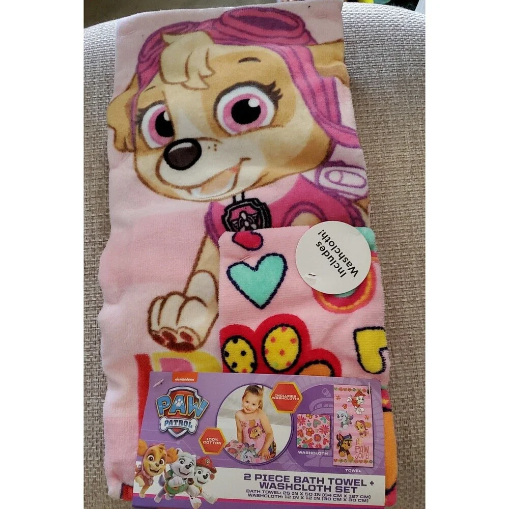 Paw Patrol Bath Towel Washcloth Set, Kids 2 Pc Cotton Super Soft Nickelodeon New